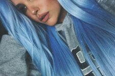 fantastic pastel blue long hair with a greyish root is a gorgeous idea to make a statement with a contrast