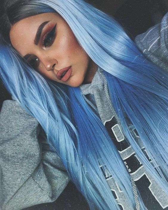 fantastic pastel blue long hair with a greyish root is a gorgeous idea to make a statement with a contrast