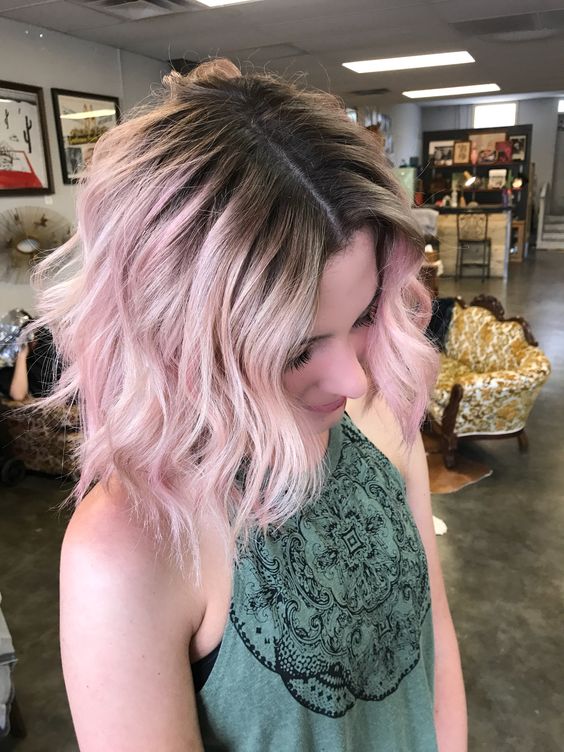 soft pastel pink with a shadow root and waves on a short bob is a lovely idea if you wanna add color