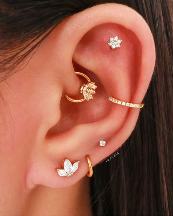 stacked lobe, high lobe, conch, daith and flat piercings accented with gold hoops and studs look very nice