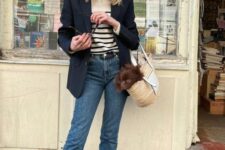 03 a Breton stripe top, a black blazer, blue jeans, black Mar Jane shoes and a straw bag for spring