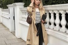 05 a Breton stripe top, black jeans, black slipper mules, a tan trench and a brown bag are a lovely combo for spring
