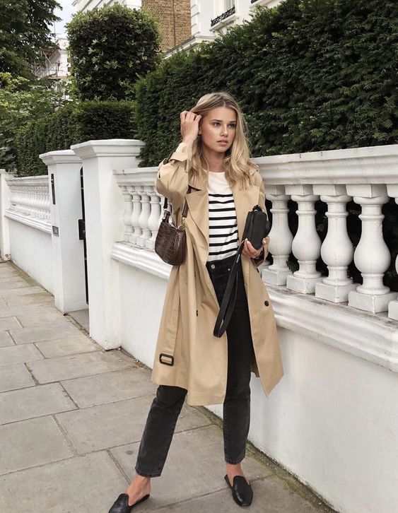 a Breton stripe top, black jeans, black slipper mules, a tan trench and a brown bag are a lovely combo for spring