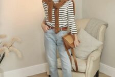 07 a Breton stripe top, bleached jeans, a brown jumper, a brown bag and flats for every day in spring