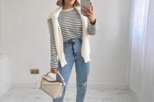 09 a Breton stripe top, blue cuffed jeans, nude flats, a white jumper over the shoulders, a neutral bag for spring