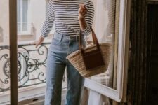 10 a Breton stripe top, blue jeans, nude flats, a straw bag are a lovely combo for a French chic spring or summer look