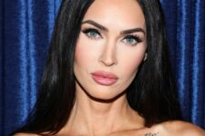 12 Megan Fox wearing perfect glossy brunette hair with side parting looks jaw-dropping