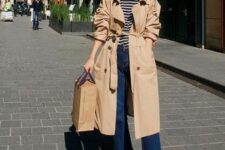 12 a Breton stripe top, navy jeans, black shoes, a beige trench are amazing and chic for wearing in spring