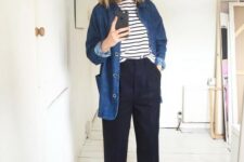 13 a Breton stripe top, navy trousers, a denim oversized shirt and white sneakers for every day