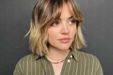 13 a shaggy bob with curtains bangs, central parting and a blonde balayage is a classy idea to try