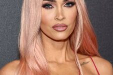 14 Megan Fox wearing peachy rose blonde long locks with central parting looks very cute and Barbie-style