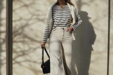 17 a Breton stripe top, white jeans, nude Mary Jane shoes, a white jumper over the shoulders, a white beret, a black bag