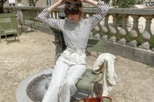 18 a Breton stripe top, white linen pants, blue peep toe shoes and a green straw bag for spring to summer time