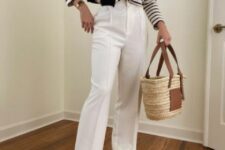 20 a Breton stripe top, white trousers, white sneakers, a black jumper over the shoulders and a straw bag for spring