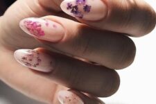 22 a chic blush manicure with colorful pressed blooms of purple and pink shades is a beautiful and girlish idea for spring and summer