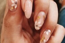 25 beautiful nude nails with a chic floral design and gold foil are an adorable solution for spring and summer