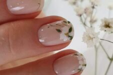 26 nude nails with a bit of white blooms painted on them will be a gorgeous solution for spring and summer