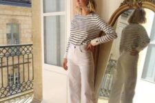 27 an elegant look with a Breton striped top, white jeans and mauve heels is a lovely idea for a spring day