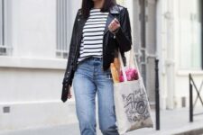 29 straight leg blue jeans, a striped top, a black leather jacket, two tone shoes and a tote for spring