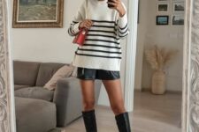 33 a Breton stripe jumper, black leather shorts, black knee boots, a red bag are a super chic and girlish look