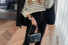 34 a Breton stripe jumper, black pants, loafers, a blazer and a bag are a cool monochromatic look for spring