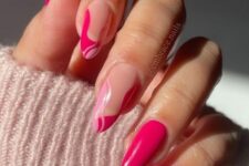 35 an eye-catchy hot pink and nude manicure with interesting patterns and an almond shape are adorable