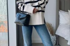 36 a Breton stripe jumper, blue cropped jeans, two-tone shoes, a black bag on chain are cool for spring