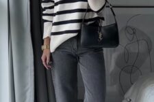 37 a Breton stripe jumper, graphite grey jeans, two-tone flats and a small black bag for a casual spring look