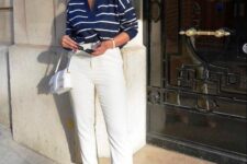 39 a navy Breton stripe polo shirt, white pants, nude shoes, a white bag for a chic and feminine look