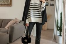 40 a spring outfit with a Breton stripe jumper, a black blazer, black leather cropped pants, two-tone shoes and a black bag