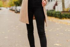 With beige coat and brown leather ankle boots