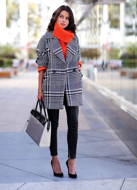 With black and white leather tote bag, black suede pumps and black and white checked mini coat