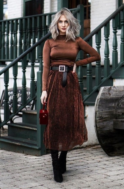 With black suede over the knee boots and marsala velvet mini bag