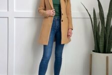 With brown coat and beige suede heeled ankle boots