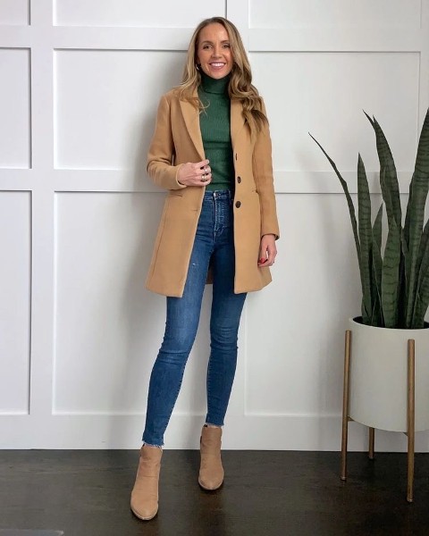 With brown coat and beige suede heeled ankle boots