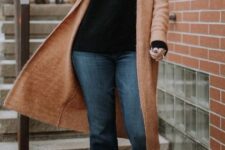 With brown midi cardigan and brown suede mid calf boots