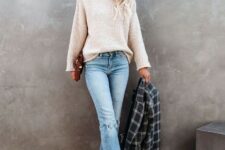 With gray checked blazer, brown leather clutch and beige leather heeled mid calf boots