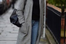 With gray midi coat, black leather tote bag and black sneakers