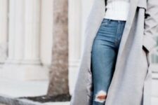With light gray midi coat and brown leather heeled ankle boots