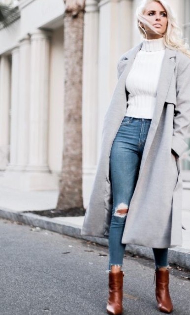 With light gray midi coat and brown leather heeled ankle boots