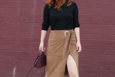 With marsala leather mini bag and black suede pumps