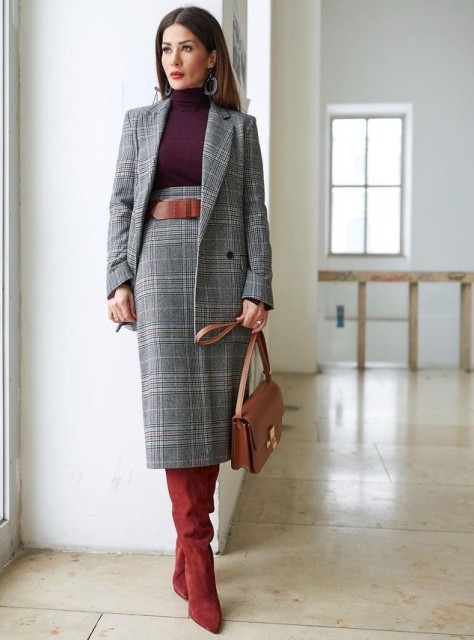 With rounded earrings, gray checked long blazer, brown leather bag and red suede high boots