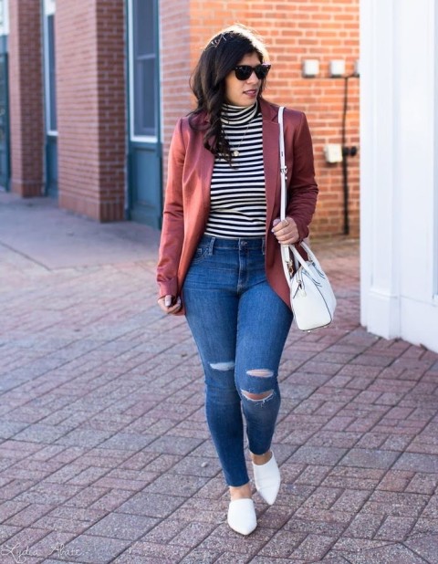 With sunglasses, pink blazer, white leather bag and white leather low heeled mules