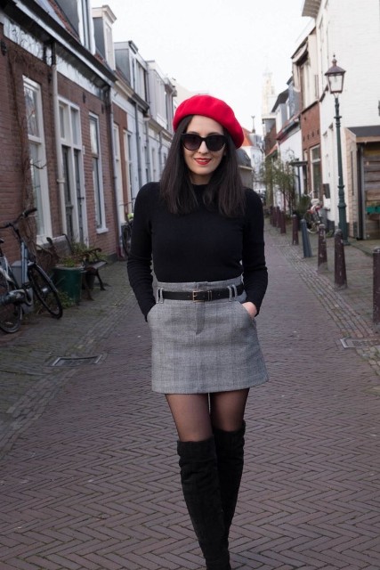With sunglasses, red beret and black suede over the knee boots