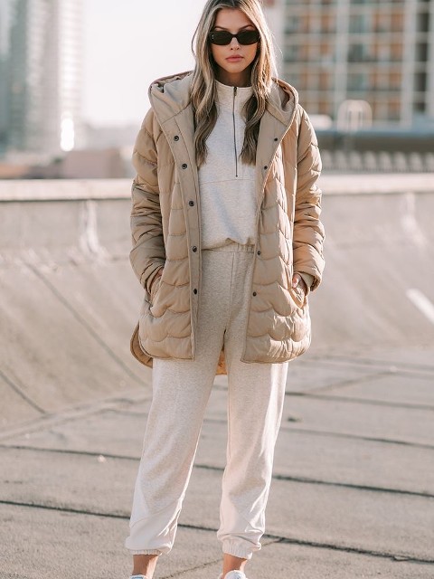 With sunglasses, white sneakers and beige puffer long jacket