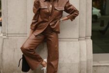 a brown leather shirt and pants, white sneakers and a black bag are a lovely look for every day, bold and chic
