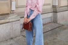 a pink tied up shirt, blue wide leg jeans, white heels and a brown bag are a cool idea for a girlish spring look