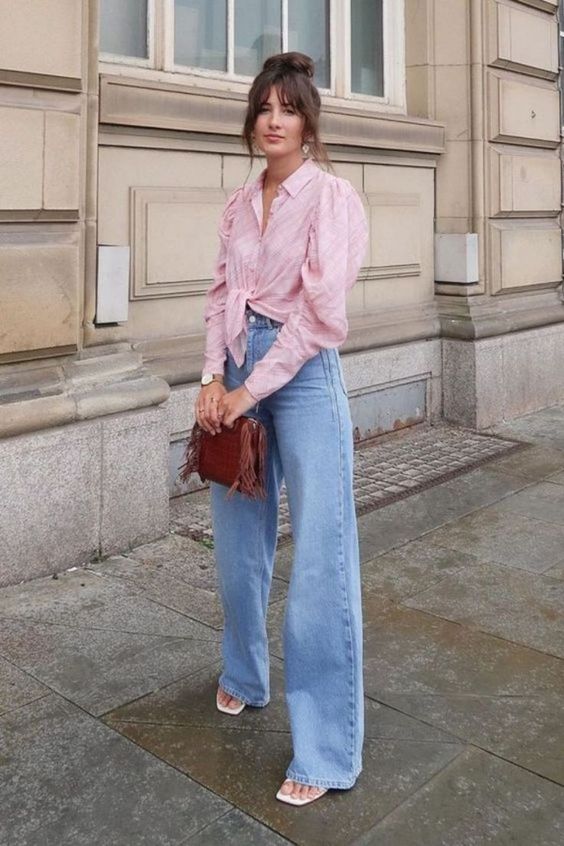 a pink tied up shirt, blue wide leg jeans, white heels and a brown bag are a cool idea for a girlish spring look