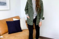 a striped long sleeve, black leggings, a green utility jacket and white sneakers are a lovely casual look