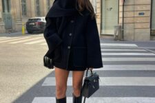 a total black outfit with a sweater dress and a coat, knee boots, a bag is a lovely outfit
